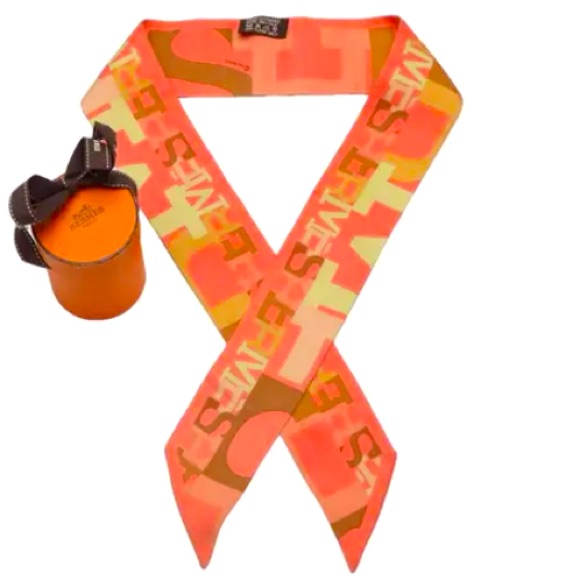 Authentic Hermes Pre-Loved Capitales Coral Silk Twilly Scarf Brown/Yellow/Orange